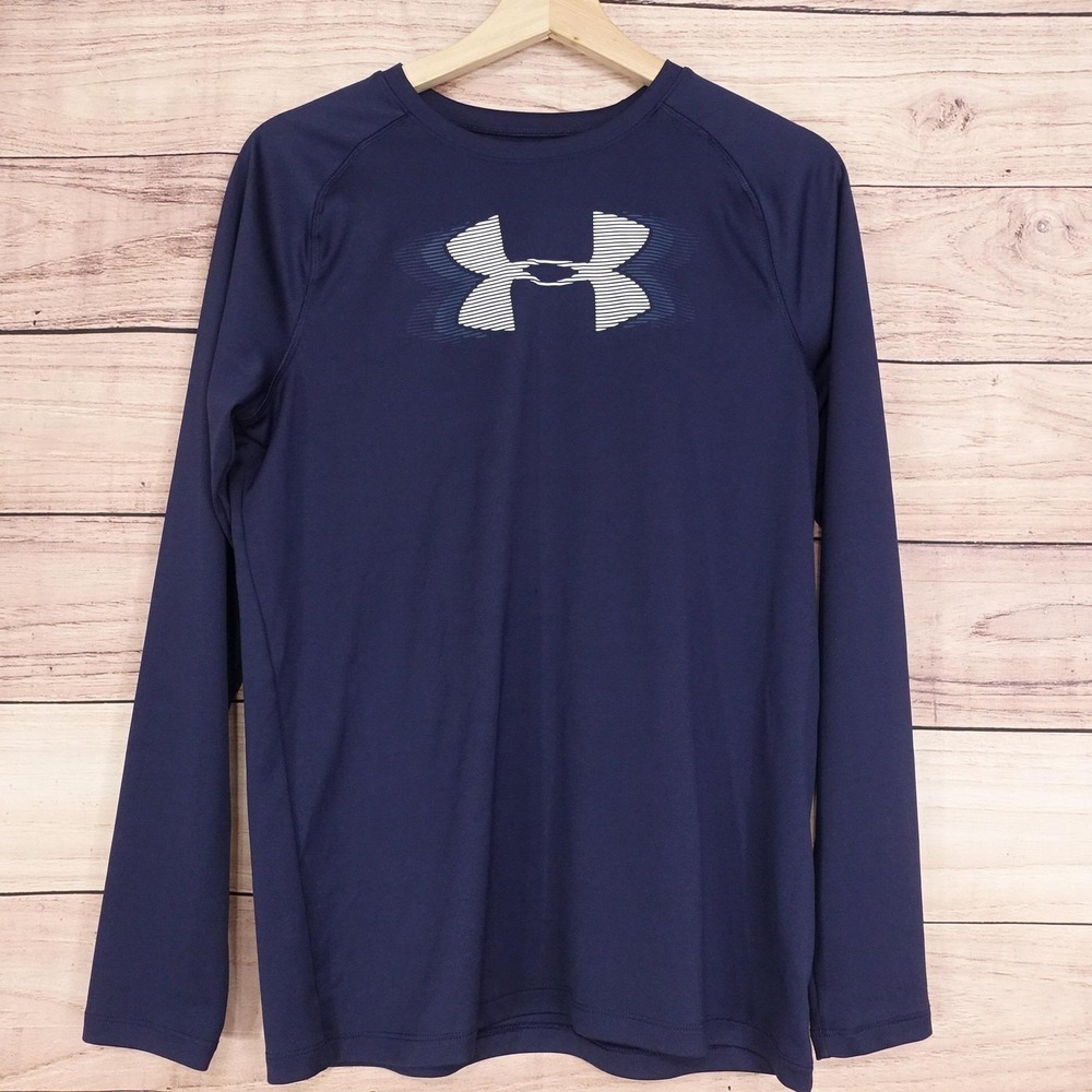 Under Armour T-Shirt Boys XL YXL Blue Loose HeatGear‎ Long Sleeve Logo Athletic